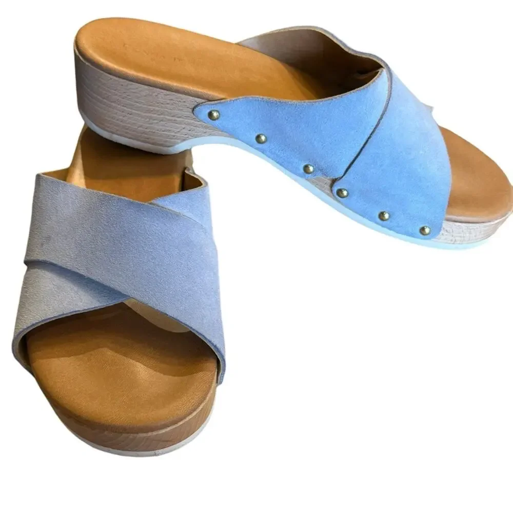 Donna Toscanna Pastel Blue Sandals with Wooden Soles Made in Italy Womens Size 8